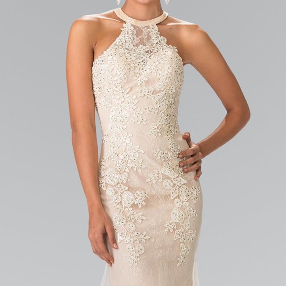 GLS COLLECTIVE Dresses & Skirts - Champagne Beaded Lace and Tulle Long Dress 2243